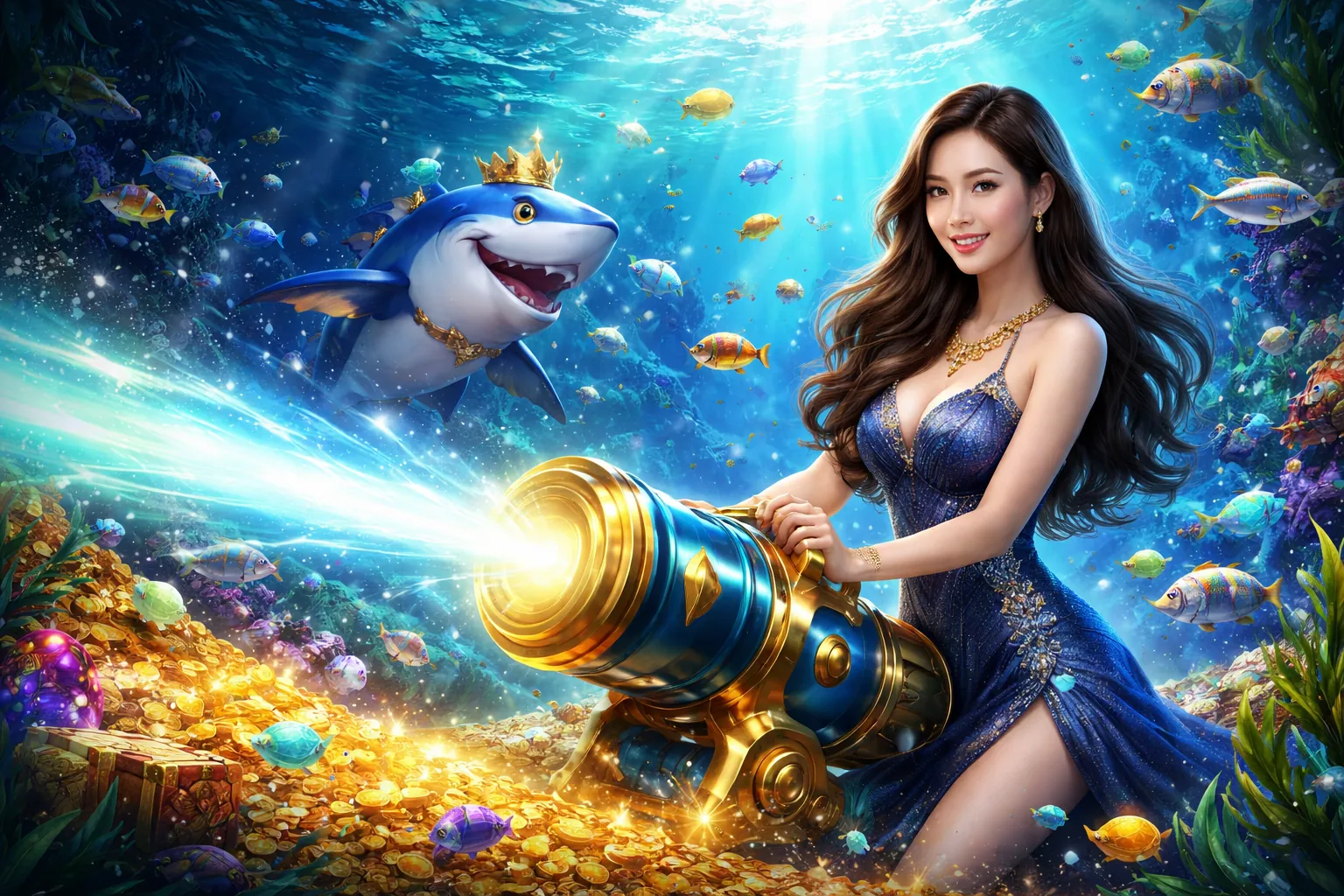 Hình ảnh game Bắn Cá Kufun với đồ họa 3D sống động và kho báu dưới đại dương